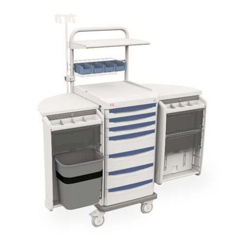 The Metro SXRSTRAMA Starsys Trauma Cart features blue drawers, open side compartments with dividers, an attached waste bin, wheels for easy mobility, and a top shelf for convenience.