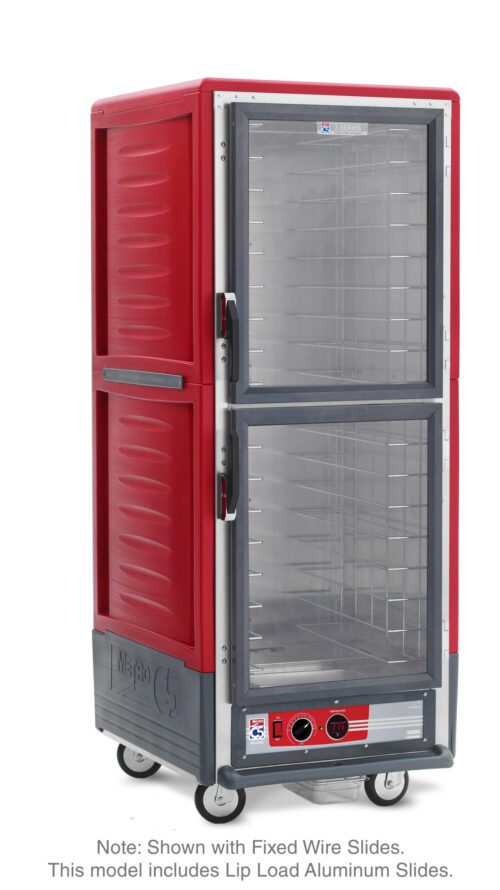 The Metro C539-HLDC-LA C5 3 Series insulated holding cabinet in red has Dutch clear doors, full-height lip load aluminum slides, and a bottom control panel. Its equipped with wheels for easy transport.