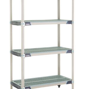 The MetroMax i X336GX3 shelving unit, measuring 18 x 36 x 63, features a four-tier metal design with grid-style shelves and adjustable feet, offering perfect organized storage. Each shelf has a perforated pattern for enhanced utility.