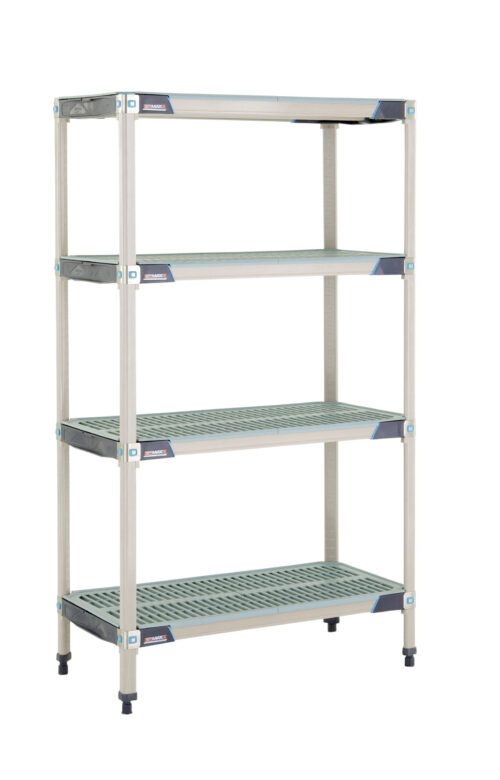 The MetroMax i X336GX3 shelving unit, measuring 18 x 36 x 63, features a four-tier metal design with grid-style shelves and adjustable feet, offering perfect organized storage. Each shelf has a perforated pattern for enhanced utility.