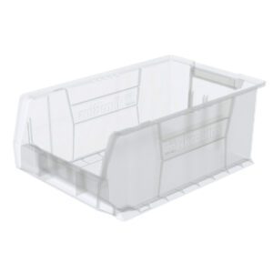 The Metro MB30281CLS Large Stacking Supply Bin, Clear, 20 x 12.37 x 8, features ribbed sides and an open front, offering a simple design ideal for efficient organization and storage of various items.