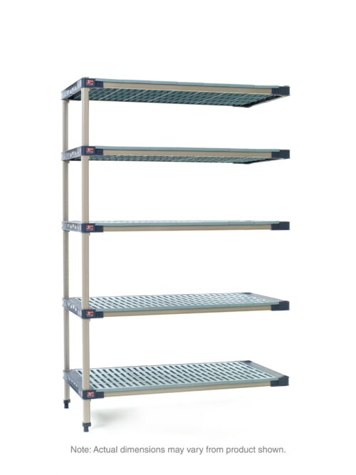 The MetroMax 4 5AX537G4 Plastic Industrial Shelving Add-On Unit is a 24 x 36 x 74 five-tier unit featuring perforated shelves and adjustable feet. Its minimalist design and sturdy build are perfect for organizational use, with dimensions subject to variation from the product shown.