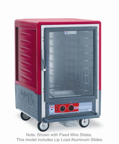 The Metro C535-HFC-L 1/2 height cabinet in red features a full-length clear door, lip load aluminum slides, and has four wheels for mobility. It operates on 120V, 60Hz power with control knobs and a display panel at the bottom.