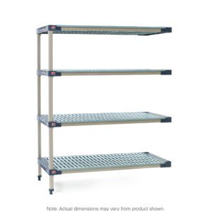 The MetroMax 4 AX436G4 is a 21 x 36 x 63 four-tier plastic shelving add-on unit featuring light blue shelves with dark corner trim. Each shelf has perforations for ventilation. Supported by four sturdy legs, dimensions may vary slightly.