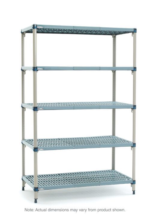 A 5-shelf plastic shelving unit with slatted shelves, sturdy vertical posts, and a sleek gray finish. Note: actual dimensions may vary from 18 x 30 x 74 of the MetroMax Q 5Q327G3 Shelving Starter Unit shown.