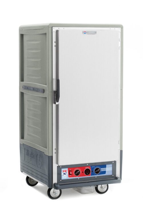 32znnqcanylqauo0dcm0m92lu12q73r2.jpg The Metro C537-MXFS-L-GY C5 3/4 Height Insulated Moisture Heated Holding/Proofing Cabinet has a gray body with a full-length solid door, featuring lip load aluminum slides, two temperature knobs, and four wheels. Operating at 220-240V and 50/60Hz for efficient heating, it subtly showcases its brand.