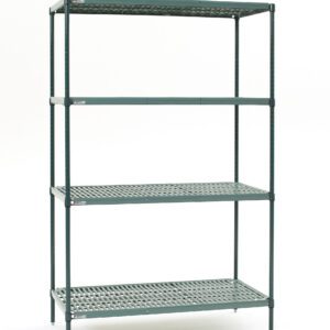 A green metal shelving unit with four mesh shelves, similar to the Metro Super Erecta Pro EZPR1836NK3-4 Industrial Wire 4-Shelf Restaurant Shelving Unit with Removable Plastic Mats, Easy Order Kit, 18 x 36 x 74. Note: actual dimensions may vary. The empty shelves sit against a plain white background.