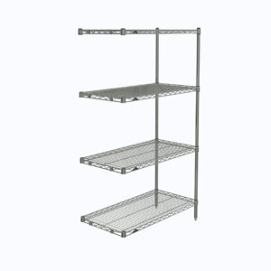 The Metro AN336C Super Erecta 4-Shelf Industrial Wire Shelving Add-On Unit, Chrome, 18 x 36 x 63, features adjustable wire mesh shelves and is elegantly displayed against a plain white background.