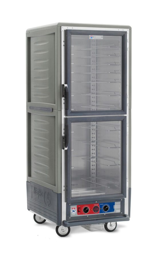 The Metro C539-MXDC-U-GYA C5 3 Series is a full-height gray heated holding/proofing cabinet with Dutch clear doors and universal wire slides. It operates at 220-240V/50/60Hz, uses 1681-2000W, and features control knobs at the bottom. Its mobile with four caster wheels.