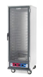 The Metro C519-PFC-4 C5 1 Series Proofing Cabinet is a full-height stainless steel unit with a transparent door, metal racks, and bottom control knobs. Powered by 1440W at 120V, its equipped with wheels for easy mobility and features fixed wire slides inside.