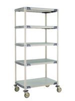 The MetroMax i 5X537EGX3 5-Shelf Industrial Plastic Shelving Mobile Cart features a tall, utilitarian design with dimensions of 24 x 36 x 79.3125, light gray reinforced shelves at each corner, and a solid bottom shelf.