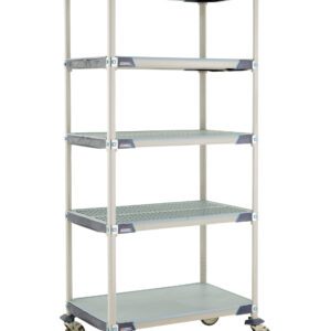 The MetroMax i 5X537EGX3 5-Shelf Industrial Plastic Shelving Mobile Cart features a tall, utilitarian design with dimensions of 24 x 36 x 79.3125, light gray reinforced shelves at each corner, and a solid bottom shelf.