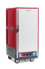 The Metro C537-MFS-UA C5 3 Series cabinet, featuring Universal Wire Slides, is a red insulated heated holding/proofing marvel with sturdy wheels, dual handles, and a bottom control panel. It maintains an ideal temperature at 120V, 60Hz for optimal food transport and storage.