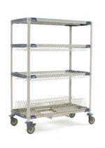 The MetroMax i PR48VX3-XDR Mobile Drying Rack, measuring 26 x 50 x 68, includes two drop-ins, one tray rack, one bulk shelf, and a drip tray. Its industrial design with caster wheels ensures easy mobility for efficient warehouse storage or transport.