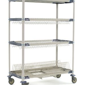 The MetroMax i PR48VX3-XDR Mobile Drying Rack, measuring 26 x 50 x 68, includes two drop-ins, one tray rack, one bulk shelf, and a drip tray. Its industrial design with caster wheels ensures easy mobility for efficient warehouse storage or transport.