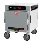 The Metro HBCN4-DS-UC HotBlox 4-Pan Holding Cabinet features a silver, wheeled design with a sleek handle, digital touchscreen controller, and the red Hot Blox logo. This 875W insulated undercounter unit combines precise temperature control with style.