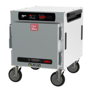 The Metro HBCN4-DS-UC HotBlox 4-Pan Holding Cabinet features a silver, wheeled design with a sleek handle, digital touchscreen controller, and the red Hot Blox logo. This 875W insulated undercounter unit combines precise temperature control with style.