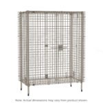The Metro MQSEC53E MetroMax Stationary Security Shelving Unit measures 26.9375 x 38.875 x 66.1875, is a metal wire cage with a lockable door for secure storage, and stands on small legs. Note: Dimensions may vary from the product shown.