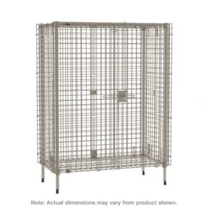 The Metro MQSEC53E MetroMax Stationary Security Shelving Unit measures 26.9375 x 38.875 x 66.1875, is a metal wire cage with a lockable door for secure storage, and stands on small legs. Note: Dimensions may vary from the product shown.