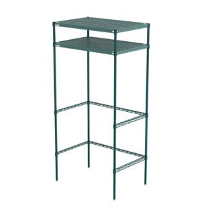 The Metro CR243674PRH2 Super Erecta Pro Overhead Storage is a tall, green metal unit with two perforated shelves on four slender legs. At 24 x 36 x 74, its minimalist design fits outdoor and indoor use.