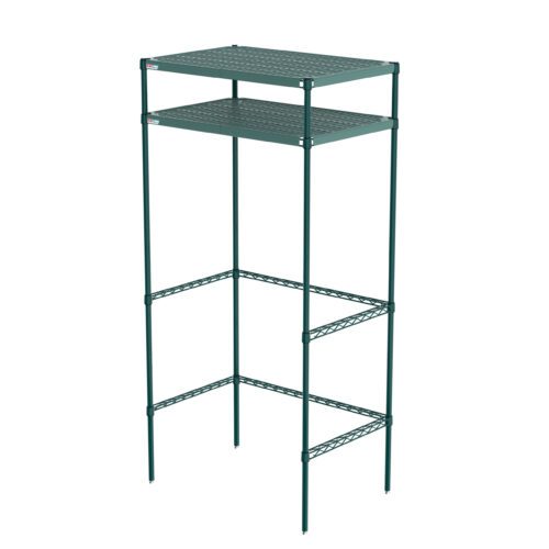 The Metro CR243674PRH2 Super Erecta Pro Overhead Storage is a tall, green metal unit with two perforated shelves on four slender legs. At 24 x 36 x 74, its minimalist design fits outdoor and indoor use.