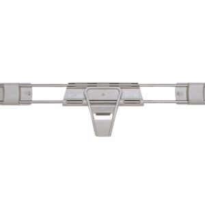 The Metro MQLS21-2S Stackable Shelf Ledge, gray plastic and metal, 21 L x 2 H, features adjustable clips and is designed for hanging clothing with a central hook for easy placement on rods or racks.