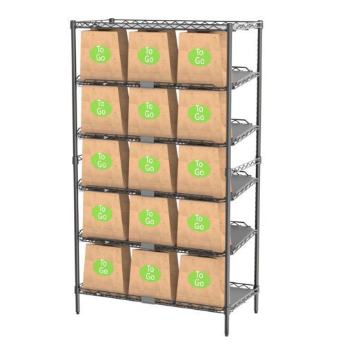 3gjjylit3bvd1s36n86tau6r9kxkxgoe.jpg The Metro CR1836TGPU To-Go Order Pickup Station showcases a sleek metal shelving unit with six tiers. It holds brown To Go paper bags marked with green circles, neatly arranged for quick and efficient pickups.