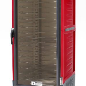 The Metro C539-HXFC-U C5 3 Series Insulated Holding Cabinet features a full-length clear door, universal wire slides, and control knobs. This vibrant red cabinet includes vents at the base and a side handle, making it stand out against any plain backdrop.