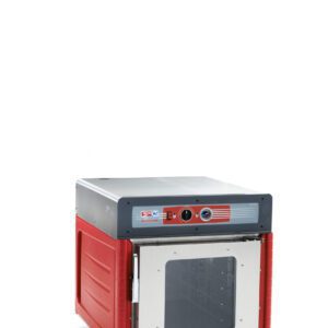 The Metro C543-ASFC-U C5 4 Series Insulated Holding Cabinet is an industrial unit with a full-length clear door, universal wire slides, and sturdy wheels for mobility. It operates on 120V/60Hz at 1400W and features a control panel with knobs on the top front.