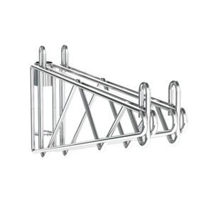The Metro 2WS18C Super Erecta Post-Type Wall Mount Double Shelf Support for 18 Wide Shelves in chrome features a modern design with intersecting rods and hooks for versatile hanging, and its sleek metallic finish enhances its contemporary style.
