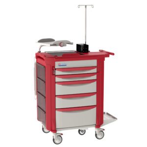 The Metro LECCRP7-RD Lifeline Crash Cart, Red, is a sleek medical cart with four drawers, a side compartment, smooth-rolling wheels, an IV pole on top, and a convenient gray armrest-like pad.