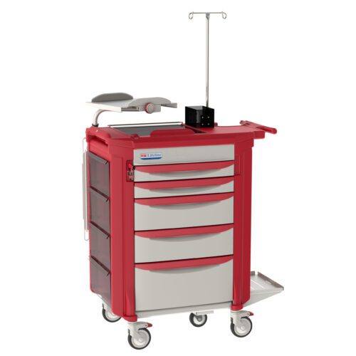 3k6mfzidneqxaljeo15iooqmxhbmjtd4.jpg The Metro LECCRP7-RD Lifeline Crash Cart, Red, is a sleek medical cart with four drawers, a side compartment, smooth-rolling wheels, an IV pole on top, and a convenient gray armrest-like pad.