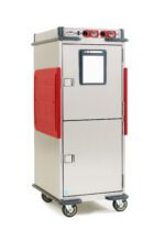 The Metro C5T9D-ASBA C5 T-Series Heated Transport Cabinet is a full-height, stainless steel unit with red handles, Dutch Solid Doors with a window on the upper door, and wheels. It operates at 120V, 60Hz with control knobs on top and offers adjustable bottom load slides.