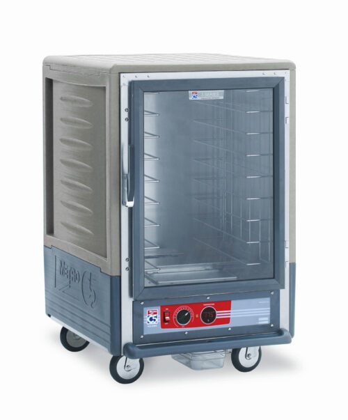 The Metro C535-HXFC-4-GYA is a 1/2 height insulated holding cabinet with a full-length clear door, operates on 220-240V, and has fixed wire slides. It features four wheels for mobility, textured sides, and a side handle to keep food warm.