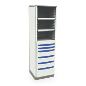 The Metro SXRS72TU2 Starsys Stationary Supply Cabinet is a tall white unit with three open shelves at the top, a lockable compartment in the middle, and six bottom drawers with blue handles, all set against a plain white background.