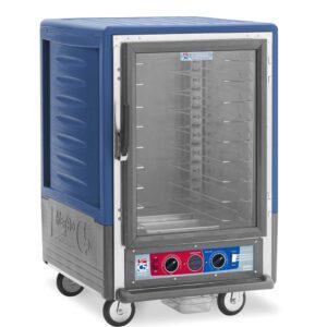 The Metro C535-CFC-U-BUA C5 3 Series Insulated Holding/Proofing Cabinet is a portable, half-height unit with a full-length clear door and universal wire slides. It operates on 120V, 60Hz with 2000W power. Featuring a blue top and gray body, its easily mobile with four wheels and front panel controls.