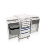 The Metro SXRXSUDOSE Starsys Unit Dose Medication Cart is a sleek, white and blue medical cart with wheels, featuring multiple compartments and drawers. Fold-out sides reveal extra storage with a large left bin, perfect for organizing supplies.
