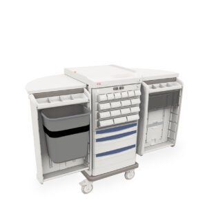 The Metro SXRXSUDOSE Starsys Unit Dose Medication Cart is a sleek, white and blue medical cart with wheels, featuring multiple compartments and drawers. Fold-out sides reveal extra storage with a large left bin, perfect for organizing supplies.