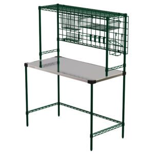 Introducing the Metro CR2448AIO All-In-One Prep Station, 24 x 48 x 63, with a stainless steel top and Metroseal Green Epoxy wire rack frame. This versatile table features an overhead shelf with wire storage options, hooks, and dividers for optimal organization.