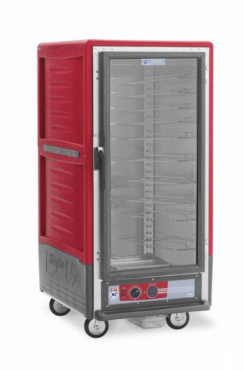 The Metro C537-HXFC-U C5 3 Series Insulated Holding Cabinet features a full-length clear door, universal wire slides, and bottom control knobs. This 3/4 height mobile unit has a red exterior and multiple shelves for easy use.