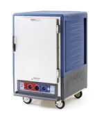 The Metro C535-CLFS-U-BU is a mobile insulated holding/proofing cabinet, featuring a blue full-length metal door, adjustable universal wire slides, and base control knobs for temperature adjustments. This 1/2 height unit operates on 120V at 60Hz and is easily movable with wheels.