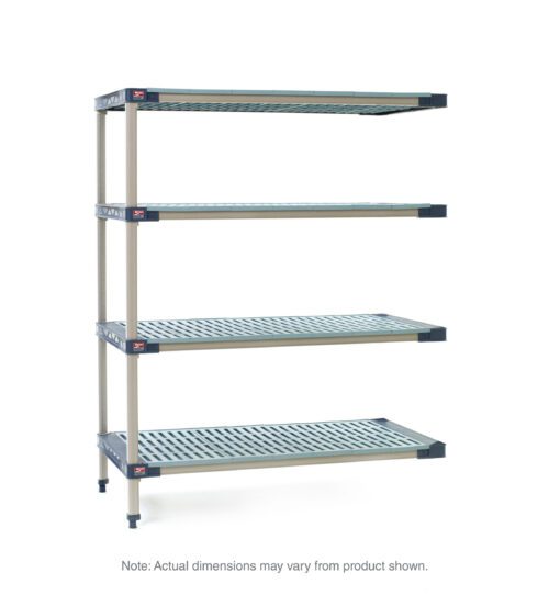 The MetroMax 4 MF-244874G-A-4 unit is a 24 x 48 x 74 four-shelf plastic shelving add-on with adjustable open-grid shelves, ideal for industrial storage. Note: Actual dimensions may vary.