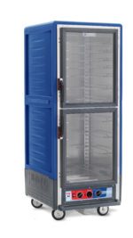 The Metro C539-MDC-U-BUA C5 3 Series cabinet, in blue with gray accents, features universal wire slides and clear Dutch doors. This full-height unit on wheels has control knobs and indicators at the base for easy operation, operating at 120V, 60Hz, and 2000W.