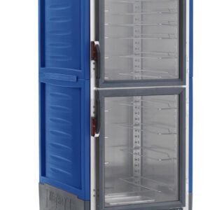 The Metro C539-MDC-U-BUA C5 3 Series cabinet, in blue with gray accents, features universal wire slides and clear Dutch doors. This full-height unit on wheels has control knobs and indicators at the base for easy operation, operating at 120V, 60Hz, and 2000W.