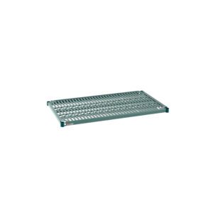 The Metro Super Erecta Pro PR2442NK3 Industrial Wire Restaurant Shelf, 24 x 42, has a grid-like surface, sturdy frame, and removable plastic mat. Its shown against a plain white background.