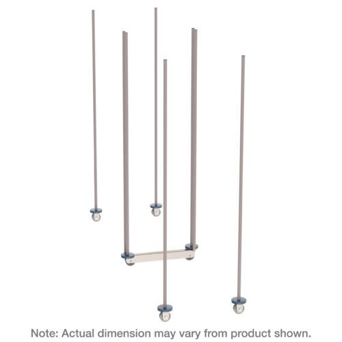 An illustration shows six vertical metal rods with blue circular bases, some connected by horizontal rods, resembling the Metro LBTM18K4 qwikTRAK Double Deep Mobile Unit Kit for 18 Wide Super Erecta Wire Shelving in Metroseal Gray Epoxy. Note: Actual dimensions may vary from product shown.