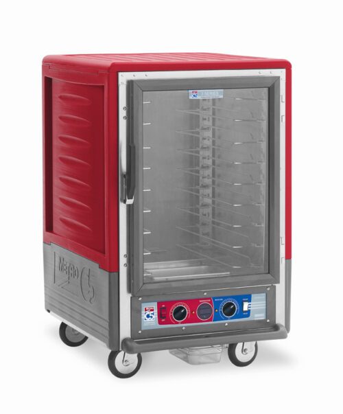 The Metro C535-CFC-U, a red insulated holding/proofing cabinet, boasts a full-length clear door with universal wire slides. Its control dials are at the base, and it is equipped with wheels for mobility. Operating on 120V at 60Hz and 2000W power, it ensures efficiency.