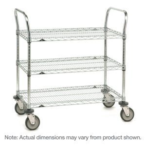 The Metro 3SPN56DC SP Series Utility Cart features three chrome wire shelves, each measuring 24 x 60 x 39, and comes with swiveling wheels and two push handles. Note: Actual dimensions may vary from product shown.