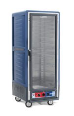 The Metro C539-MXFC-U-BU C5 3 Series Cabinet is a full-height, blue, moisture heated holding/proofing unit with a clear door and empty wire slides. It features red/blue knobs, operates at 50/60Hz, and has wheels for easy movement.