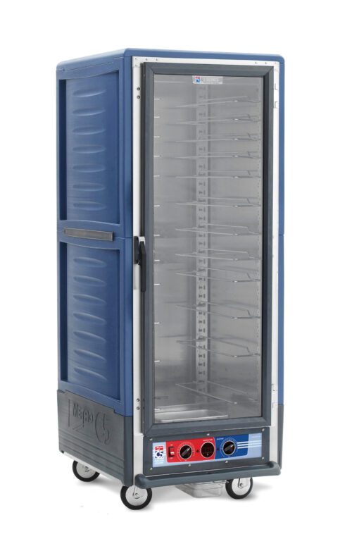 The Metro C539-MXFC-U-BU C5 3 Series Cabinet is a full-height, blue, moisture heated holding/proofing unit with a clear door and empty wire slides. It features red/blue knobs, operates at 50/60Hz, and has wheels for easy movement.